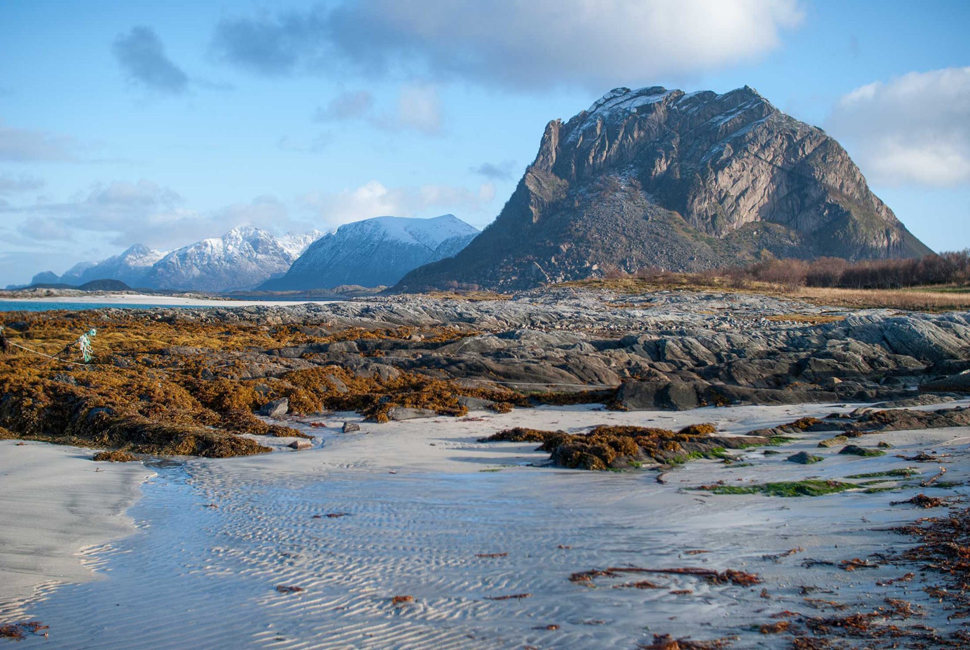 mountains-on-Engeloya-in-Norway-setting-behind-a-beach-with-green-seaweed-climbing-to-shores-and-in-the-front-of-blue-skies